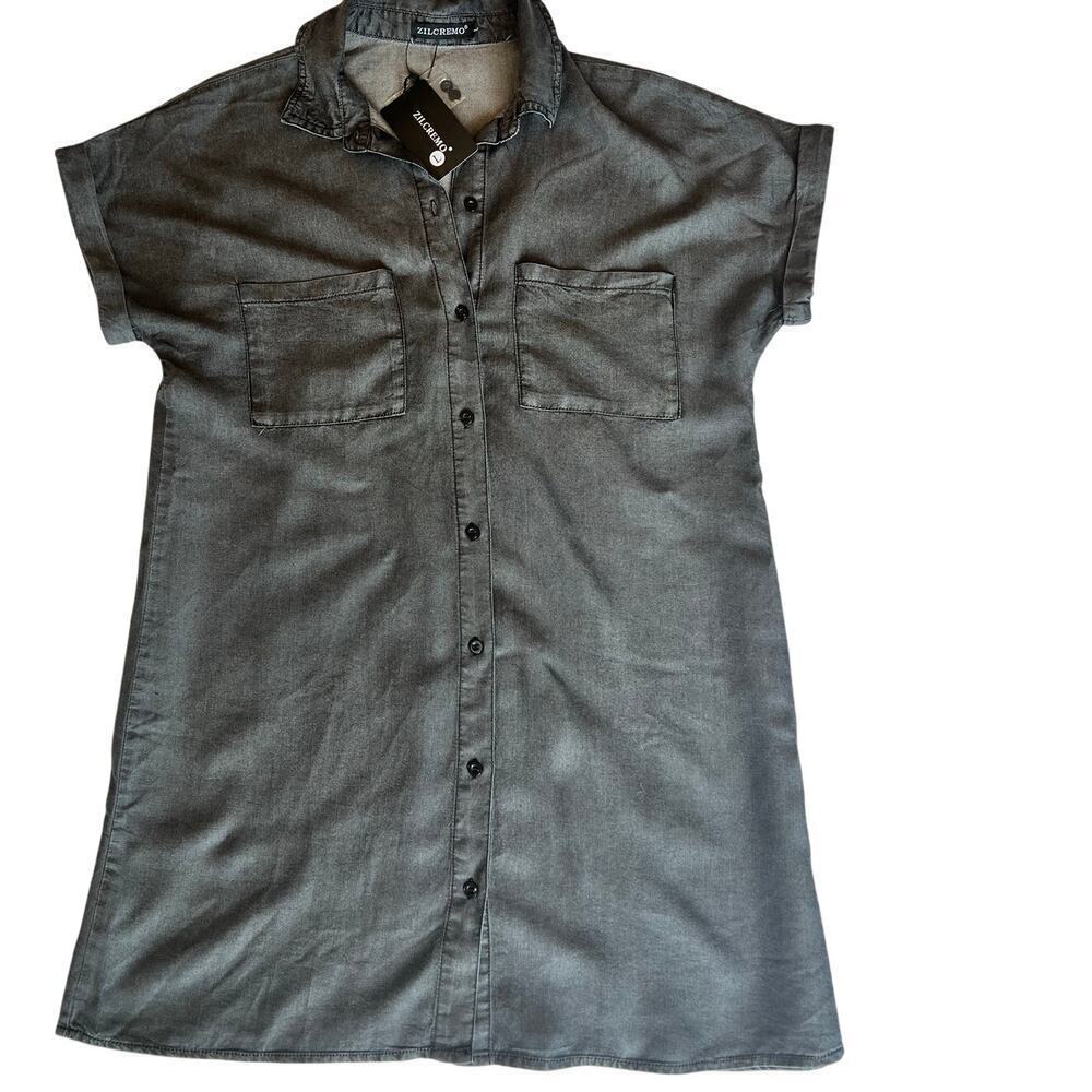 NWT Zilcremo Denim Shirt Dress, Short Sleeve, Button Up, Tunic, Distressed, Gray